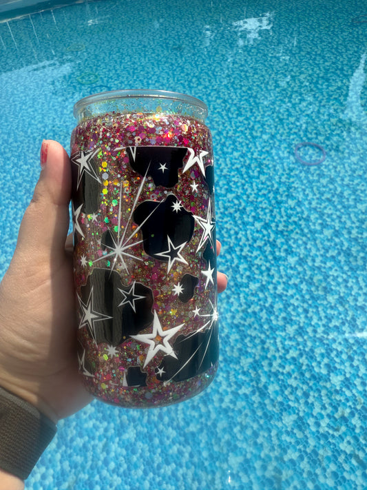 16oz Yellow; silver,pink. Decal slightly torn in spots (#36)