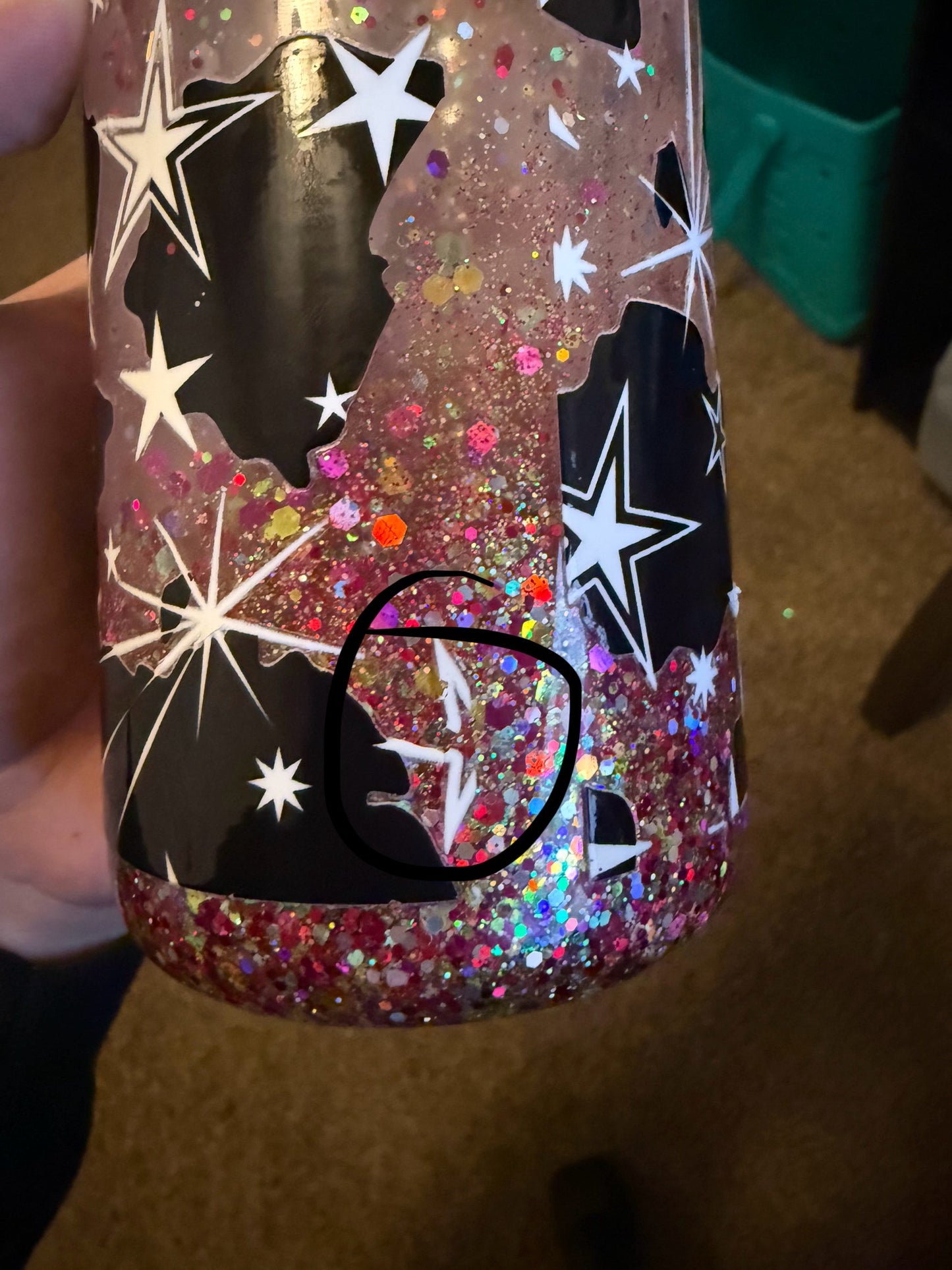 16oz Yellow; silver,pink. Decal slightly torn in spots (#36)